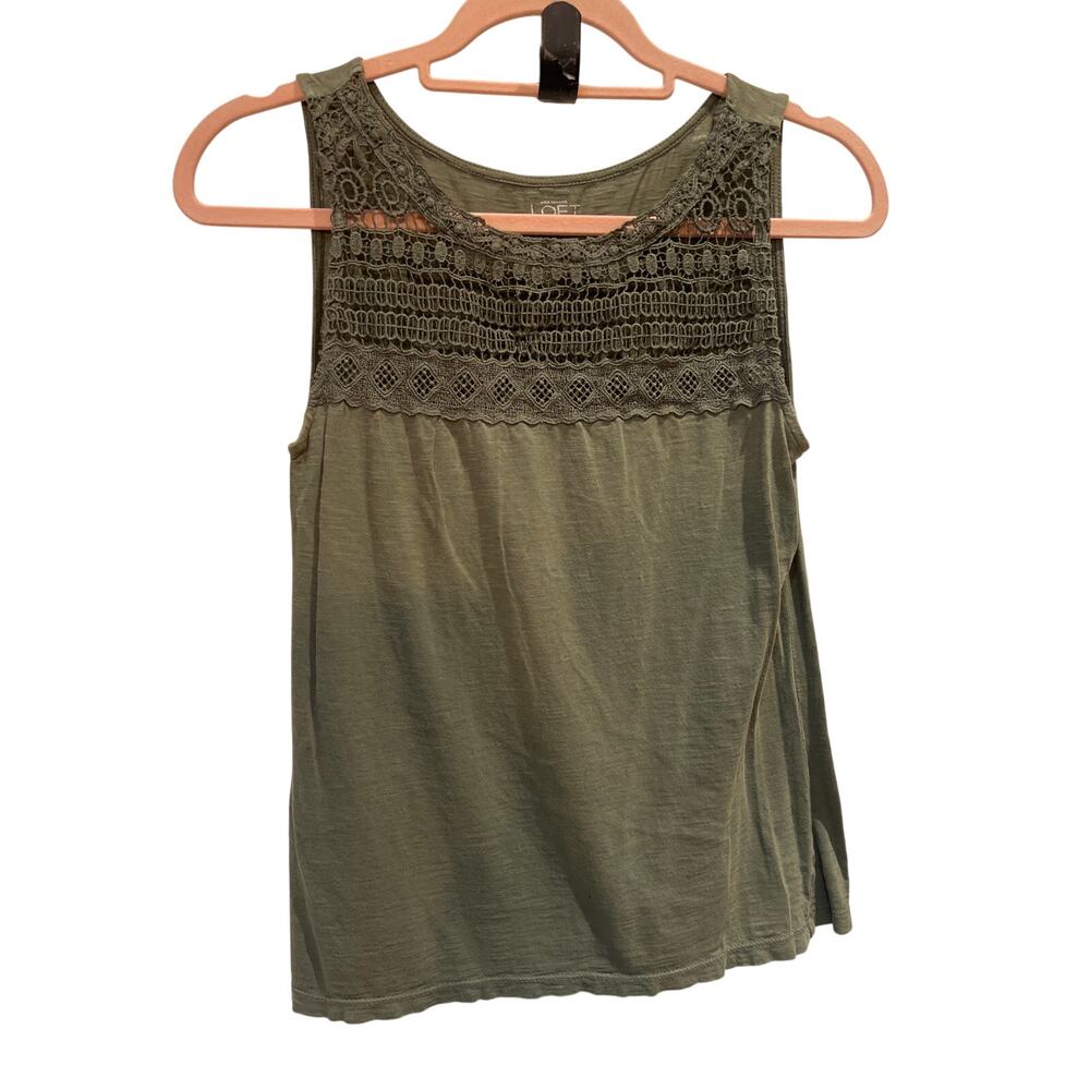 Loft Vintage Inspired Lace Yoke Green 100% Cotton Mixed Media Tank Top Size XS